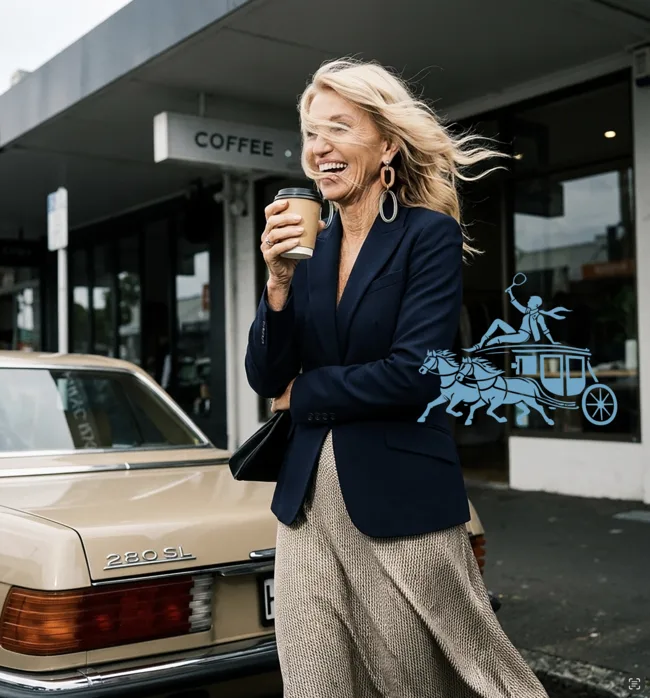 Woman laughing with coffee outside a cafe